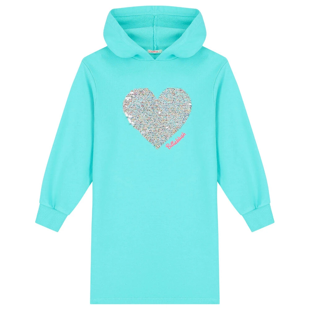 Billieblush Girls Aqua Heart Logo Hooded Dress 3 Billieblush Girls Aqua Heart Logo Hooded Dress