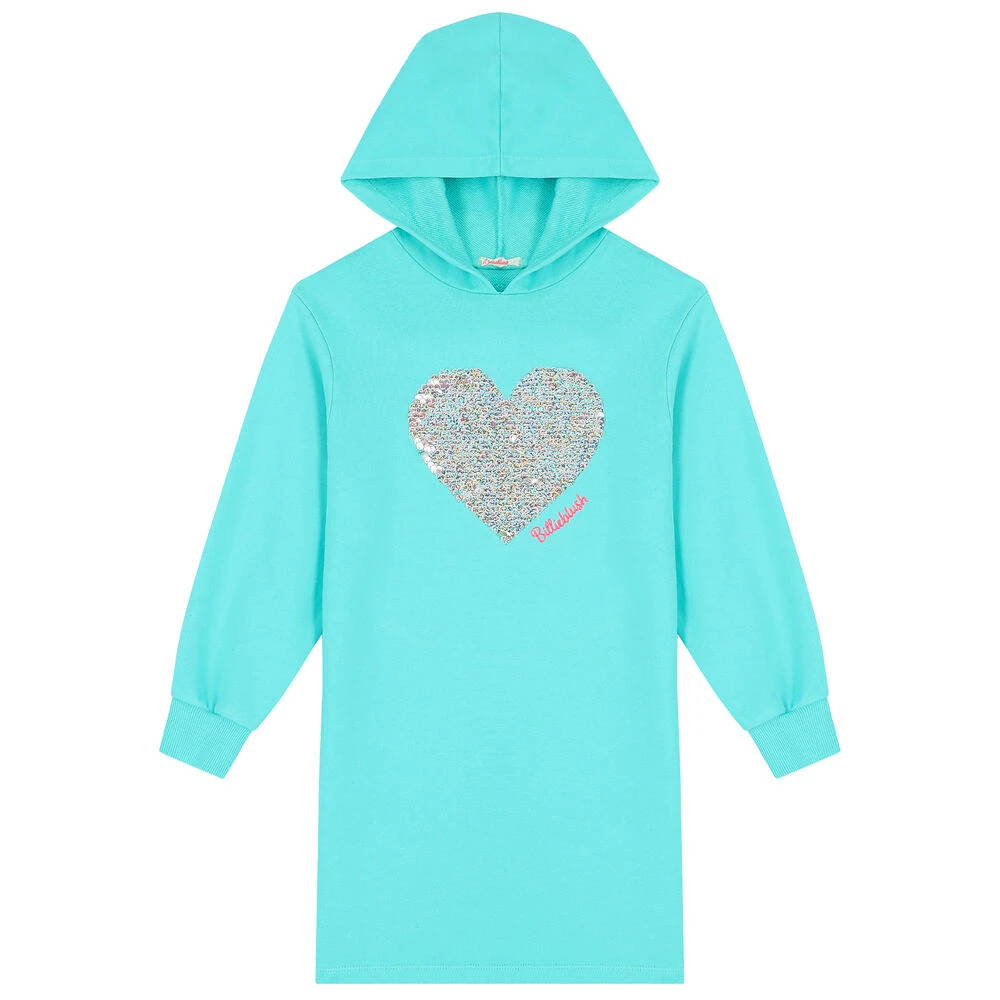 Billieblush Girls Aqua Heart Logo Hooded Dress 5 Billieblush Girls Aqua Heart Logo Hooded Dress - Image 3