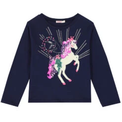 Billieblush Girls Navy Unicorn Sequin Long Sleeve Top
