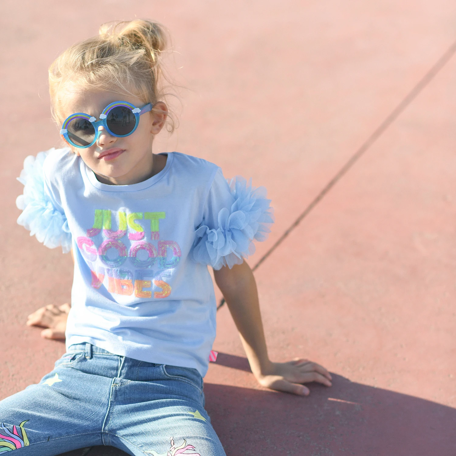 Billieblush Girls Blue Cotton Good Vibes T-Shirt 4 Billieblush Girls Blue Cotton Good Vibes T-Shirt - Image 2