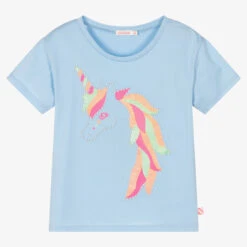 Billieblush Girls Blue Cotton & Pearl Unicorn T-Shirt