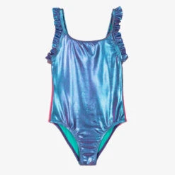 Billieblush Girls Blue Metallic Logo Tape Swimsuit