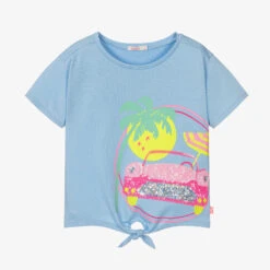 Billieblush Girls Blue Sequin Car Cotton T-Shirt